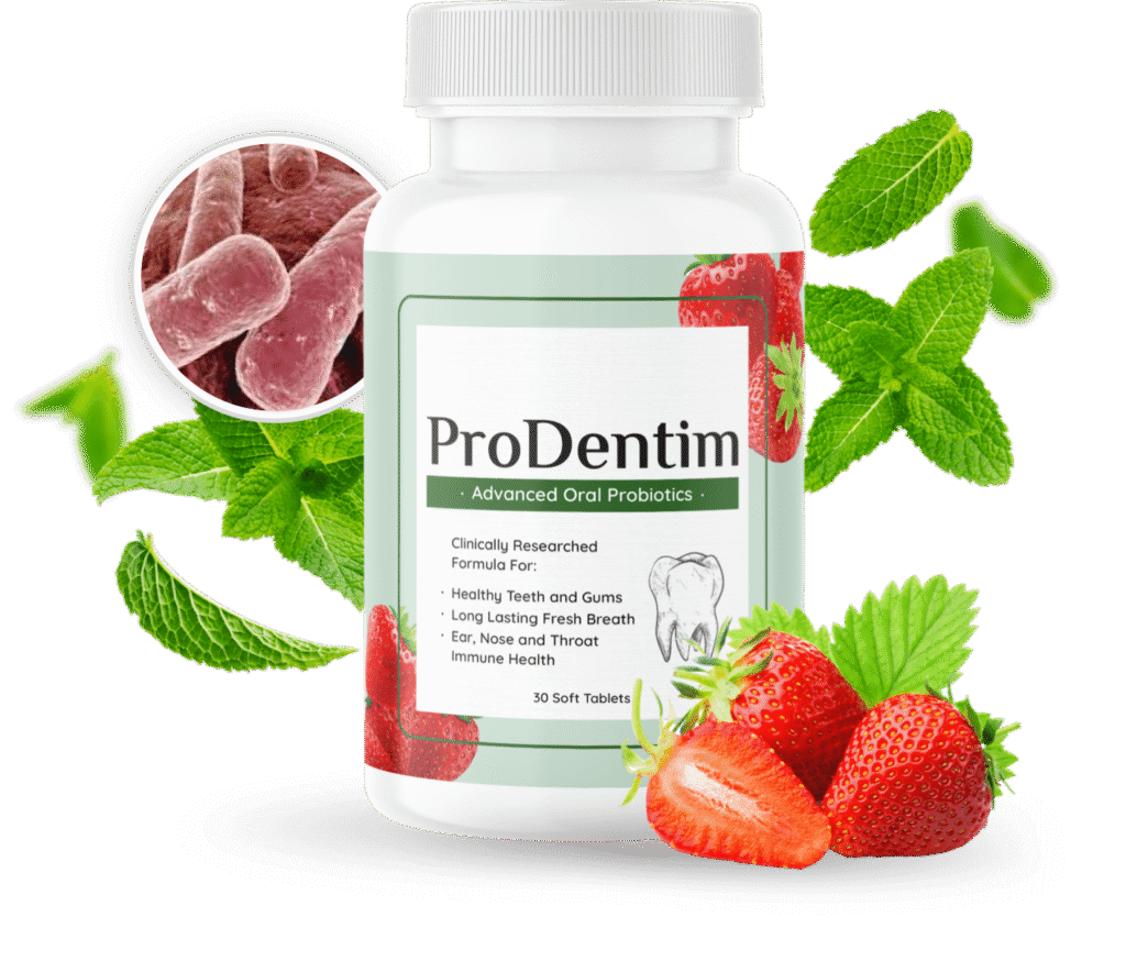"ProDentim natural oral health supplement bottle with fresh mint leaves and healthy teeth in background."