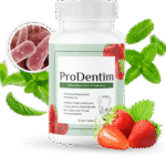 "ProDentim natural oral health supplement bottle with fresh mint leaves and healthy teeth in background."