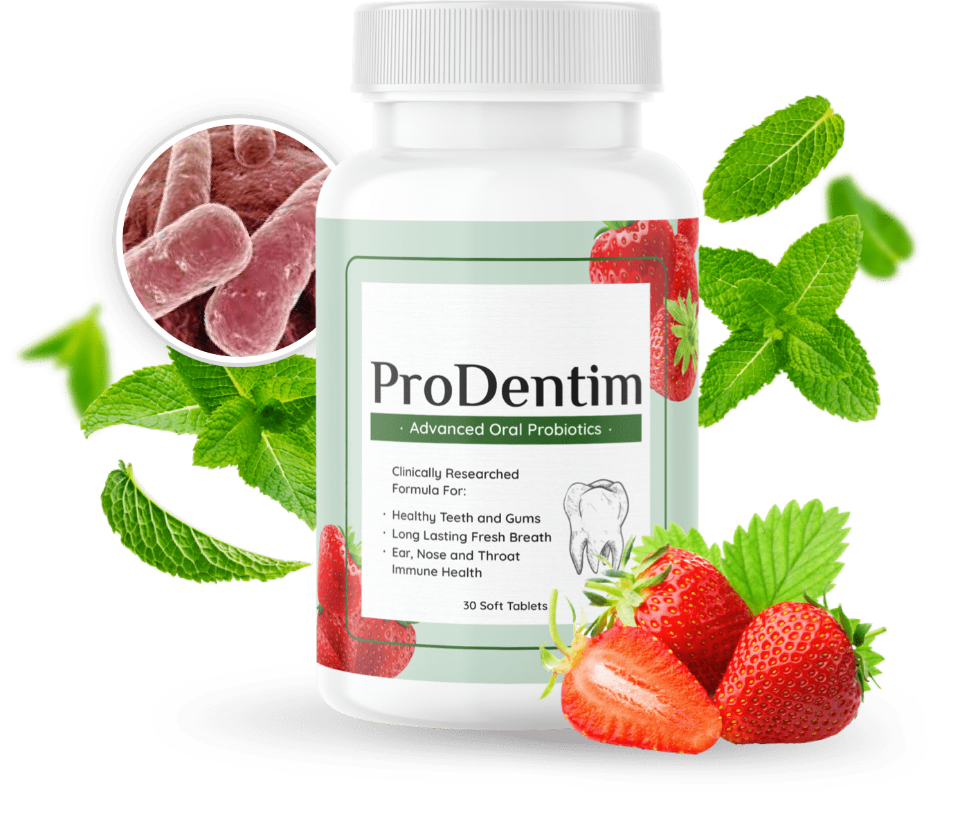 "ProDentim natural oral health supplement bottle with fresh mint leaves and healthy teeth in background."