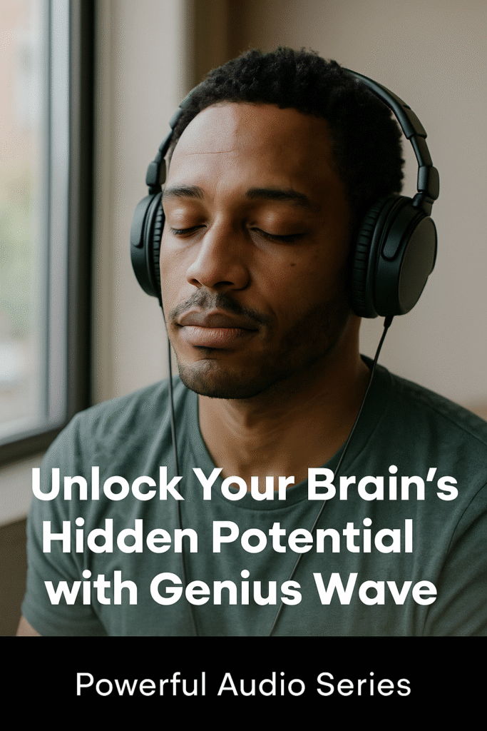 “Man listening to Genius Wave audio series with headphones — Genius Wave review for enhanced focus, memory, and creativity.”