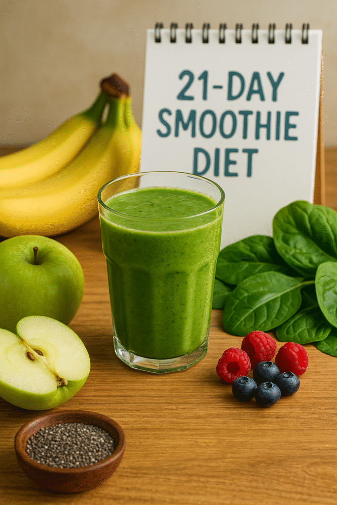 A refreshing green smoothie with fresh fruits and vegetables, representing The Smoothie Diet program for healthy weight loss.