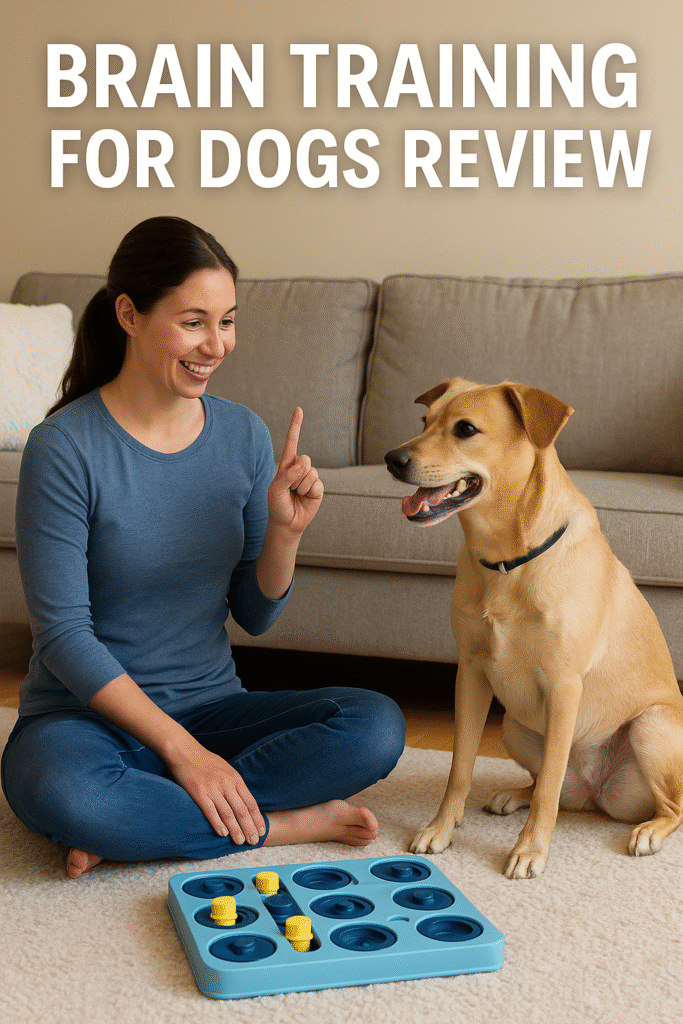 Brain training for dogs review Happy dog playing brain training games at home with owner — Brain Training for Dogs program review.