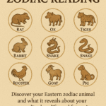 "Illustration of the 12 Eastern zodiac animals with traditional Asian art style background, representing a free Eastern zodiac reading."