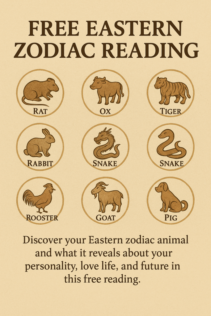 "Illustration of the 12 Eastern zodiac animals with traditional Asian art style background, representing a free Eastern zodiac reading."