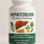 "HepatoBurn liver detox and fat burning supplement with natural herbal ingredients like Milk Thistle, Dandelion Root, and Turmeric."