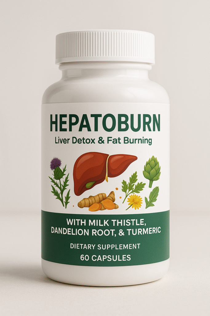 "HepatoBurn liver detox and fat burning supplement with natural herbal ingredients like Milk Thistle, Dandelion Root, and Turmeric."