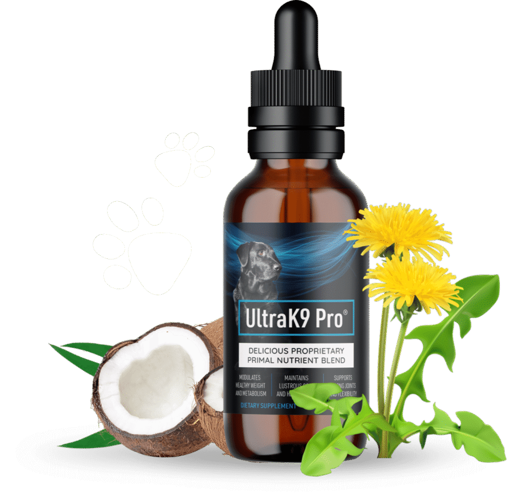 UltraK9 Pro supplement bottle featuring its premium, all-natural formula designed to support your dog’s energy, joints, and immunity.