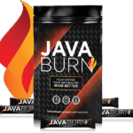Java Burn dietary supplement pouch placed beside a steaming cup of black coffee, designed to support natural weight loss and metabolism boost.