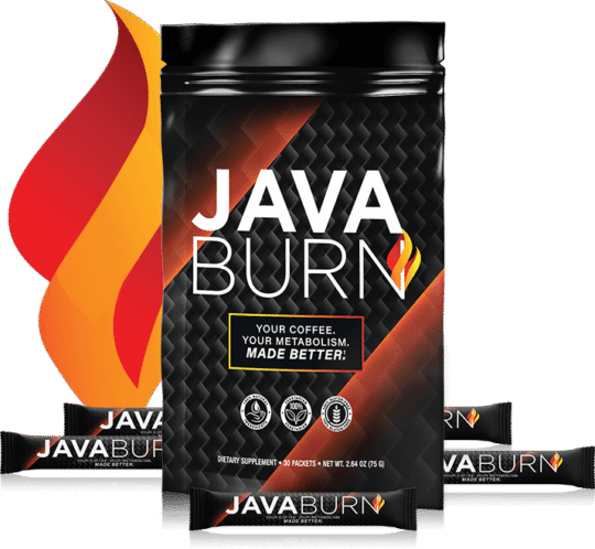 Java Burn dietary supplement pouch placed beside a steaming cup of black coffee, designed to support natural weight loss and metabolism boost.