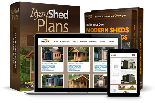 Backyard shed under construction using Ryan Shed Plans DIY woodworking guide with tools and blueprints.