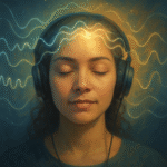 Person meditating with headphones while listening to brainwave audio for focus and relaxation.