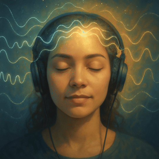 Person meditating with headphones while listening to brainwave audio for focus and relaxation.