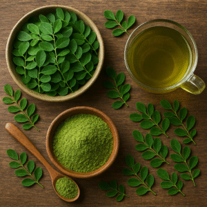 Moringa in all its forms — fresh, powdered, and brewed — ready to power your day.