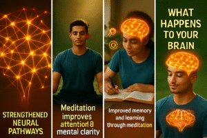 Abstract neural network glowing with connectivity, representing strengthened neural pathways from mindfulness practice.