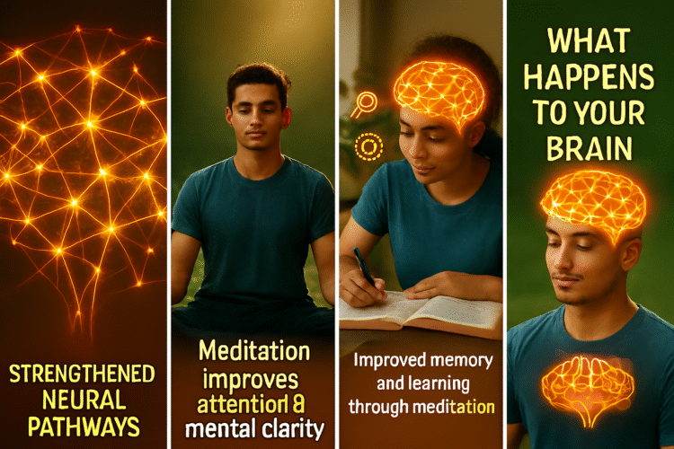 Abstract neural network glowing with connectivity, representing strengthened neural pathways from mindfulness practice.