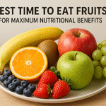 Colorful assortment of fresh fruits including apples, bananas, berries, and oranges arranged on a rustic wooden table, with morning sunlight highlighting their vibrant textures—symbolizing optimal timing for fruit consumption and natural nutrition.