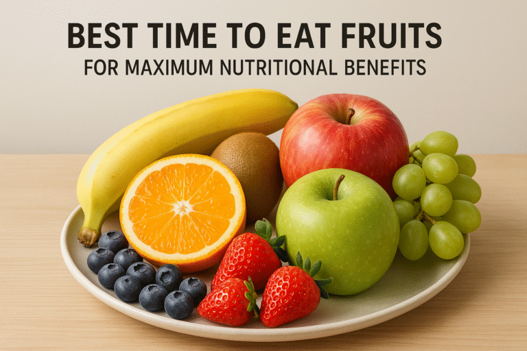 Colorful assortment of fresh fruits including apples, bananas, berries, and oranges arranged on a rustic wooden table, with morning sunlight highlighting their vibrant textures—symbolizing optimal timing for fruit consumption and natural nutrition.