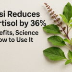 Fresh Tulsi (Holy Basil) leaves with tea cup symbolizing natural cortisol reduction and stress relief benefits.