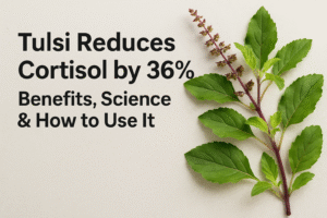 Fresh Tulsi (Holy Basil) leaves with tea cup symbolizing natural cortisol reduction and stress relief benefits.