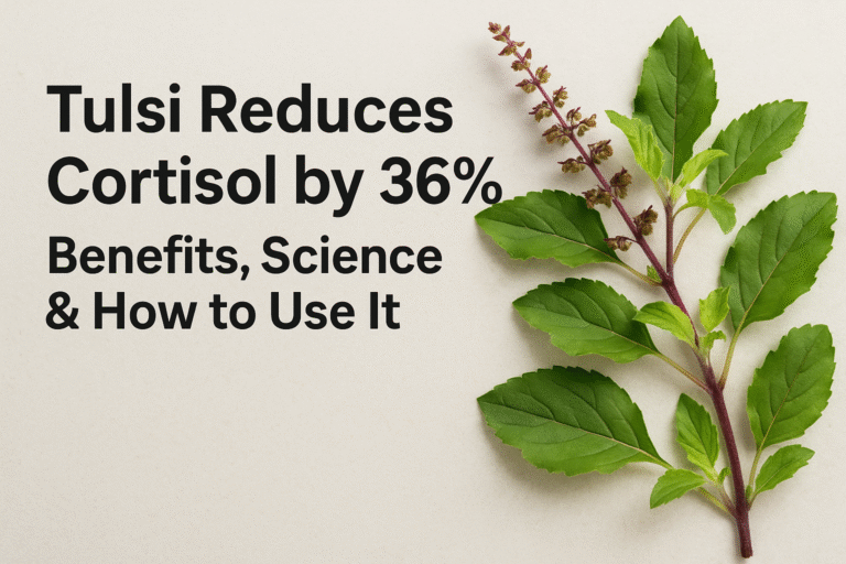 Fresh Tulsi (Holy Basil) leaves with tea cup symbolizing natural cortisol reduction and stress relief benefits.