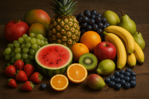 Create a realistic featured image of "all types of fruit on a table."