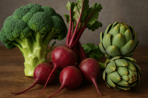 "Fresh broccoli rich in sulforaphane for liver detox, Beetroot packed with antioxidants for liver support, artichokes that promote bile production and liver regeneration."
