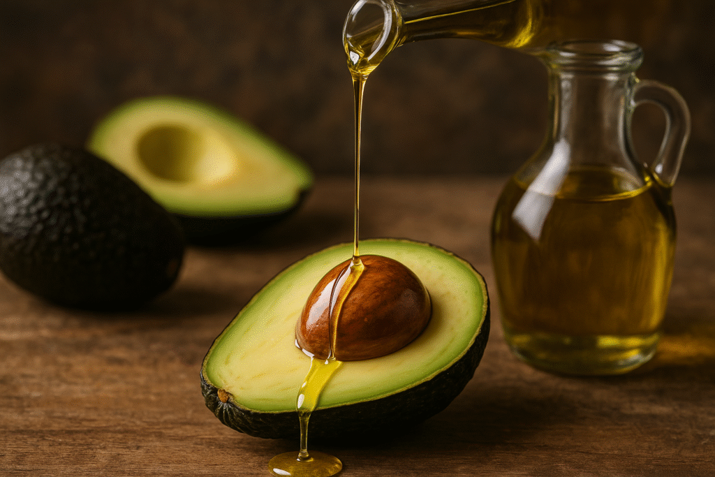 Avocado oil being drizzled over roasted vegetables on a baking tray.