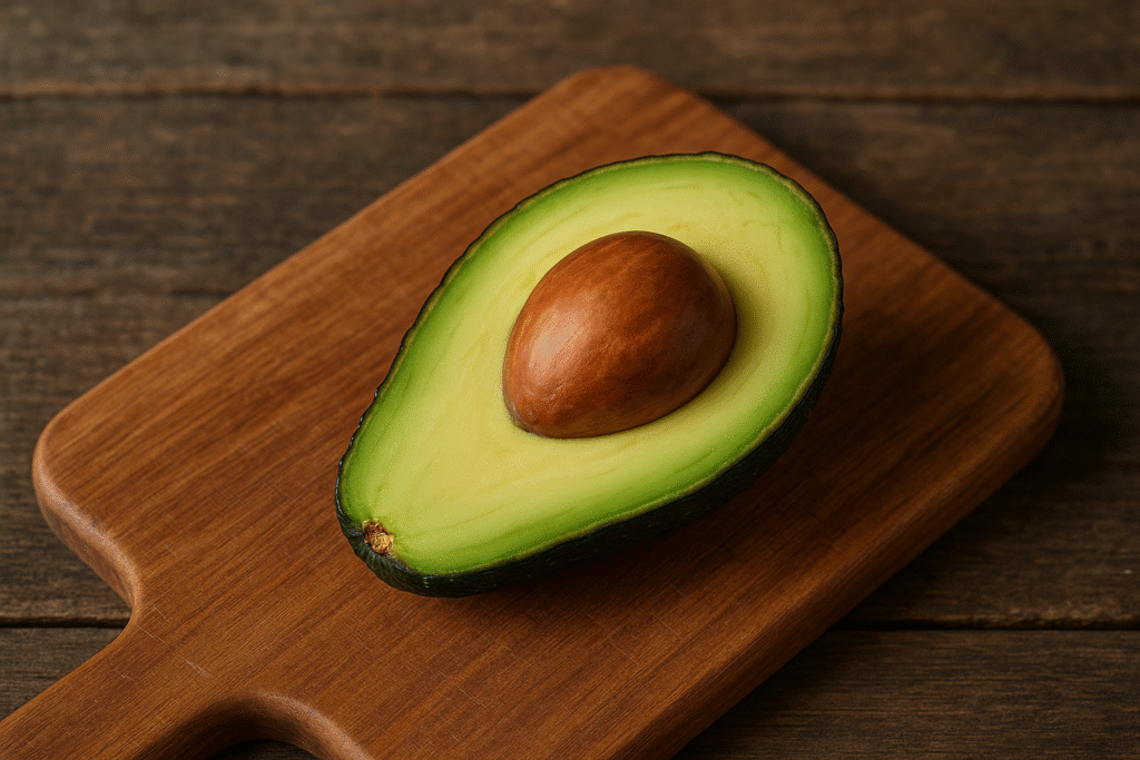 A halved avocado with its seed intact resting on a wooden cutting board.