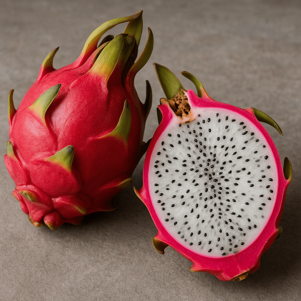 Dragon fruit Benefits A vibrant dragon fruit cut in half, showing its white speckled flesh on a wooden table.