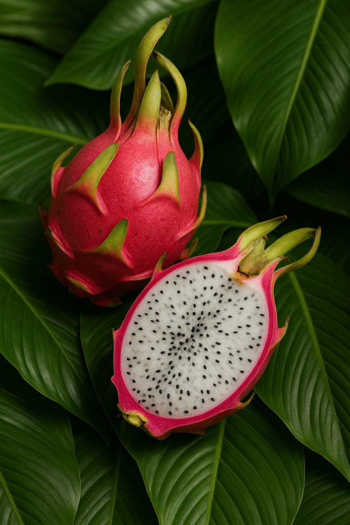 Fresh dragon fruit resting on large tropical green leaves under natural sunlight.