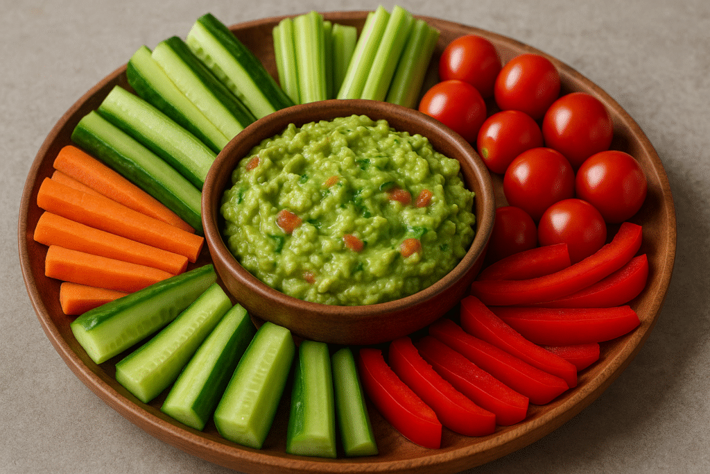 A bowl of creamy guacamole surrounded by an assortment of sliced bell peppers and carrots.