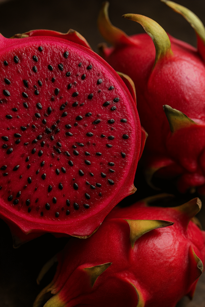 Red fleshed dragon fruit with tiny black seeds, highlighting its vibrant color.