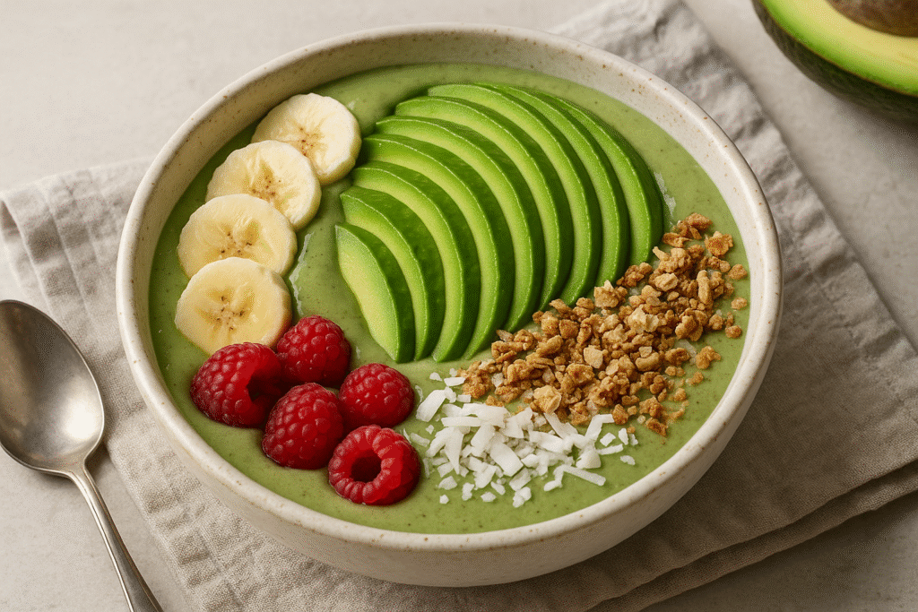 A colourful smoothie bowl garnished with avocado slices, berries, and chia seeds.