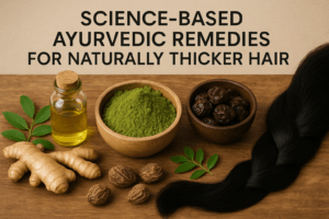 “Ayurvedic herbs like amla, bhringraj, and brahmi used for promoting thicker hair growth supported by modern research.”