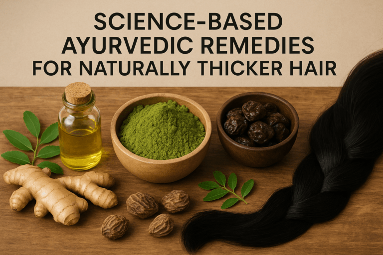 “Ayurvedic herbs like amla, bhringraj, and brahmi used for promoting thicker hair growth supported by modern research.”