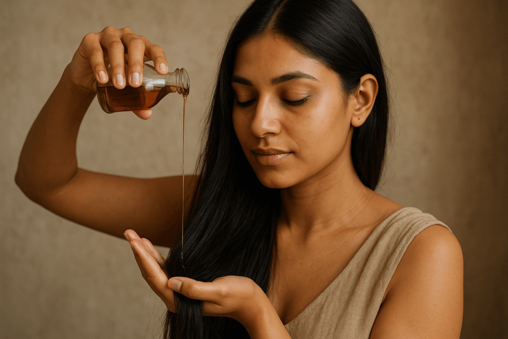 "Scalp massage with Ayurvedic hair oil"