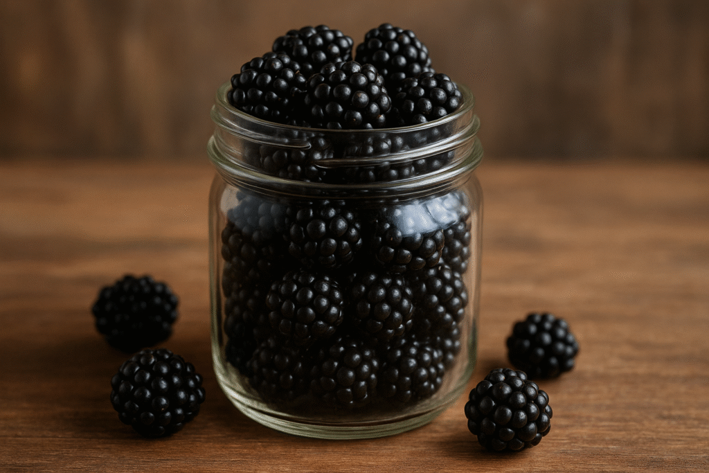 Blackberries spilling out of a glass jar onto a marble countertop.