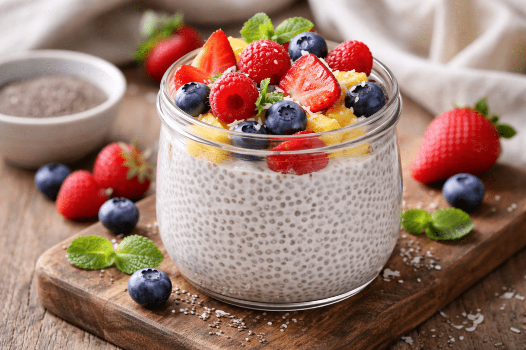 Healthy chia pudding with berries and nuts