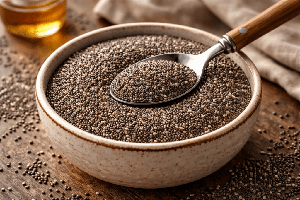 Chia Seeds Benefits Raw chia seeds in a bowl ready for consumption