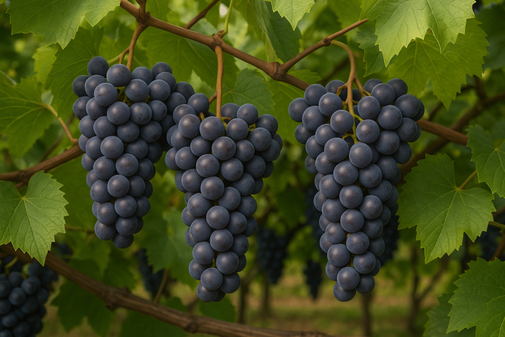 The deep purple Concord grapes are hanging in clusters on a leafy vine.