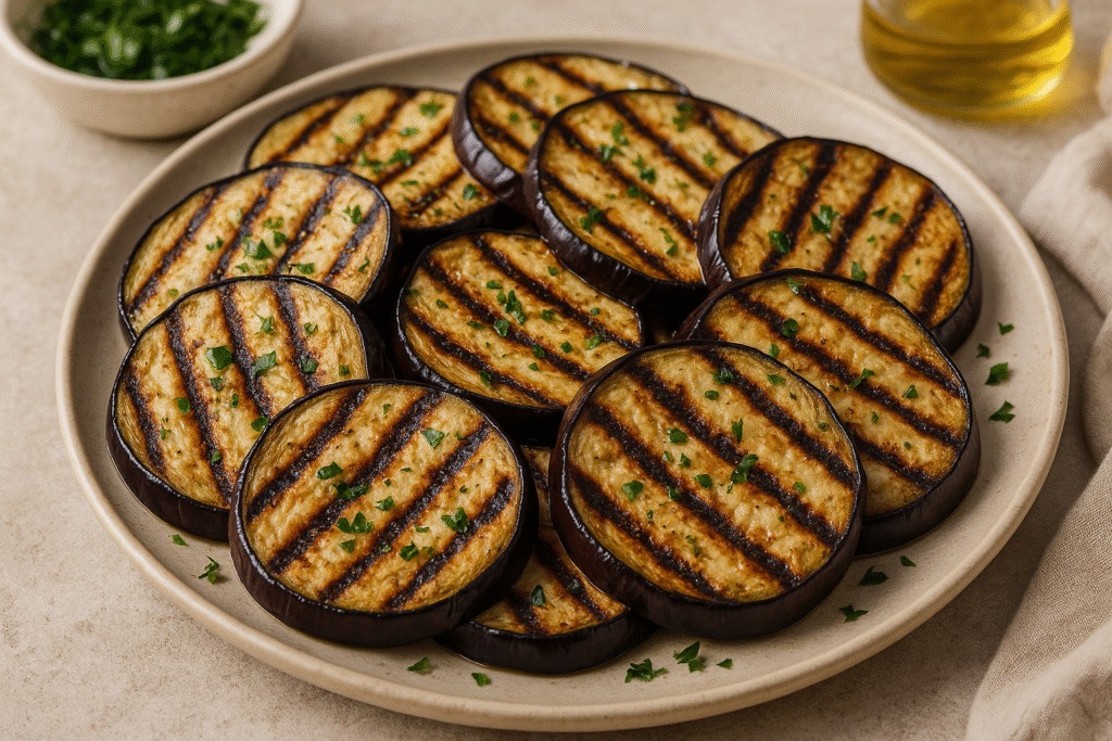 Char-grilled eggplant slices drizzled with olive oil and sprinkled with herbs.