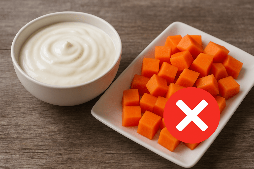 “A bowl of yogurt placed near diced papaya with a red cross icon symbolizing an incompatible food pairing.”