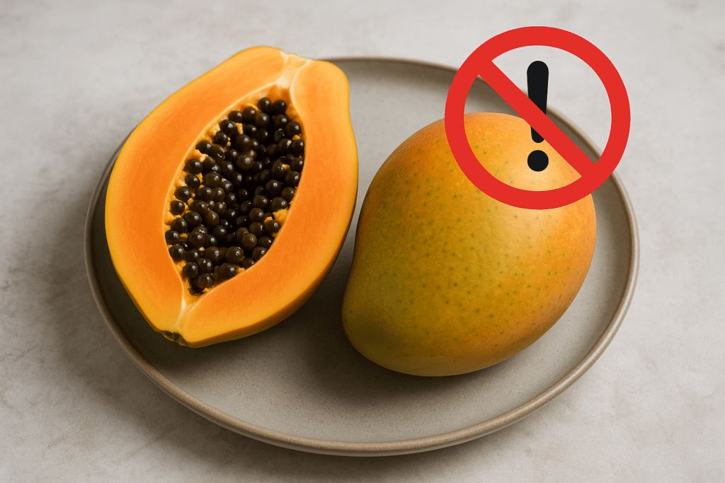 “Papaya and mango placed on a plate with a caution icon showing they should not be eaten together.”