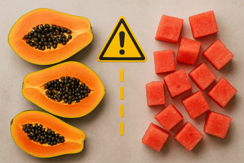“Flat-lay of papaya slices and watermelon cubes separated by a warning line indicating a bad combination.”