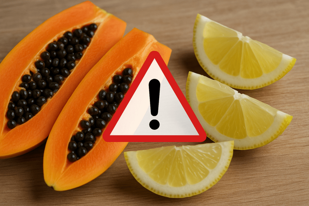 “Papaya slices next to lemon wedges with a visual warning sign showing they shouldn’t be eaten together.”