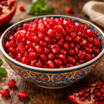 Fresh pomegranate seeds in a bowl on a wooden surface.