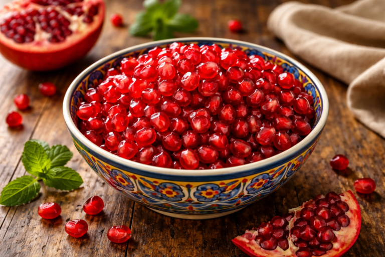 Fresh pomegranate seeds in a bowl on a wooden surface.