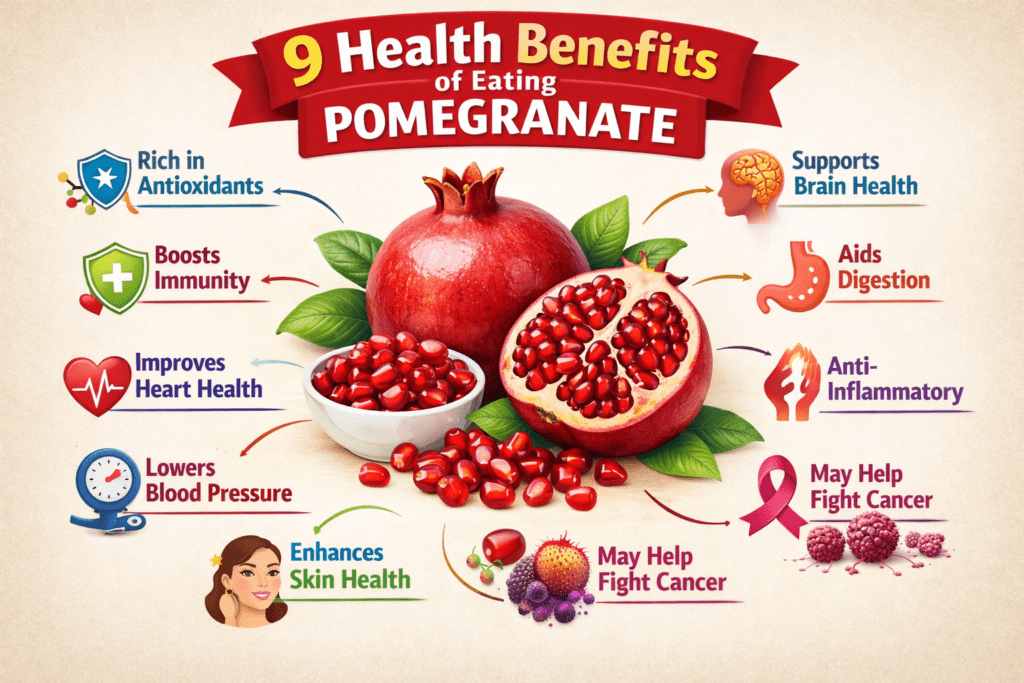 This infographic illustrates the nine health benefits of eating pomegranates.