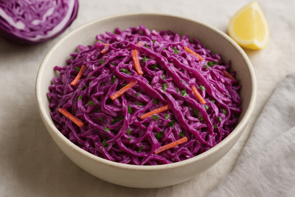 Crunchy purple cabbage coleslaw dressed with vinaigrette, served in a bowl.