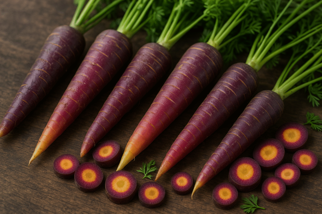 There is a colorful assortment of purple carrots, both whole and sliced, on a cutting board.